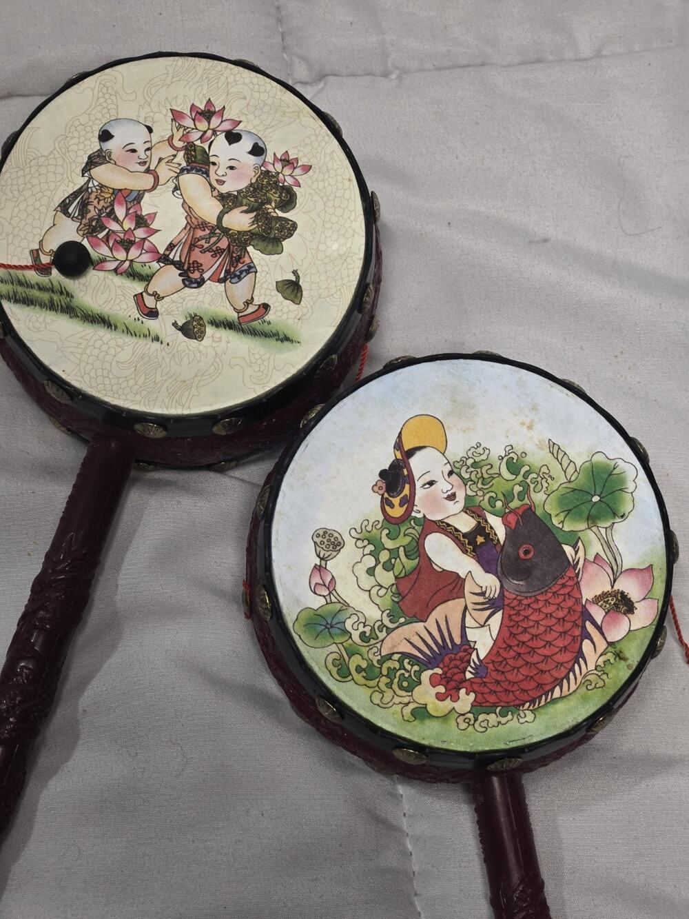 Vintage 2 Japanese Den-den Daiko Rattle Drum Hand Painted Dragon & Child Decor